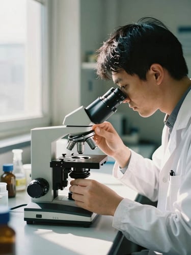 A research scientist in a sunlit laboratory adjusting a microscope, warm natural daylight from a side window, soft focus background, organic muted tones, 35mm film style.