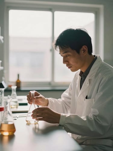 Medium-wide shot of a researcher in a sunlit laboratory working with glassware, warm natural window light, muted organic tones, shallow depth of field