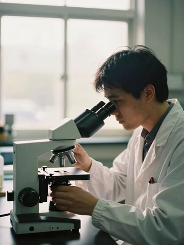 Medium-wide environmental portrait of a researcher in a sunlit laboratory adjusting a microscope, soft natural window light, muted green and gold tones, shallow depth of field, 35mm film.