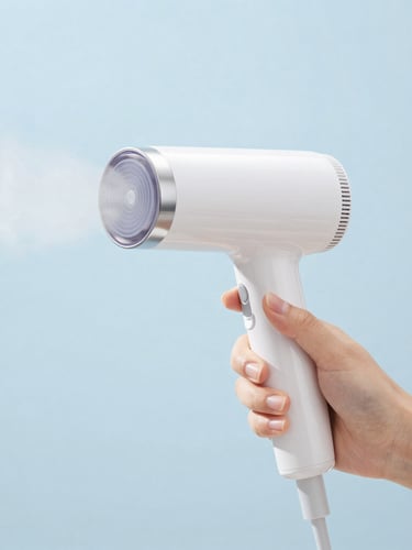 Bright high-key portrait shot of hands holding a sleek white handheld garment steamer, a crisp active steam plume rising against a clean minimalist background, soft blue tones, 35mm.