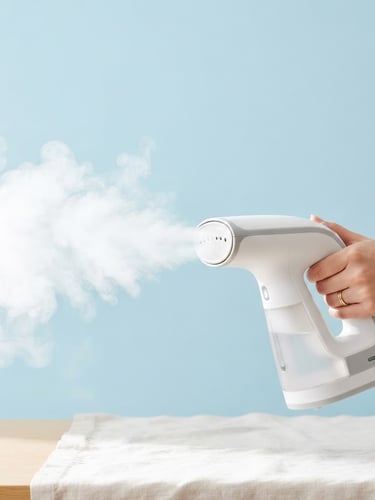 Bright high-key product photography of a compact handheld garment steamer releasing a powerful, crisp plume of white steam against a clean light blue background, sharp focus, 35mm