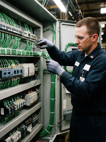 Professional industrial electrician in clean safety gear and PPE assembling a complex electrical control panel with neatly routed green wires, high-contrast technical lighting, sharp 35mm photography