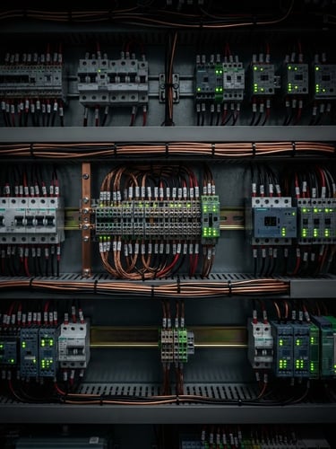 Sharp macro shot of a perfectly organized industrial distribution board, neat copper wiring, glowing electric green status LEDs, technical dark lighting, 35mm lens