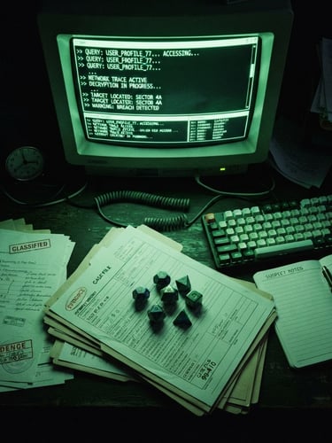 Overhead macro shot of a dark investigator desk, a glowing green CRT monitor displaying terminal code, polyhedral gaming dice resting on official police report files, harsh shadows, 35mm.