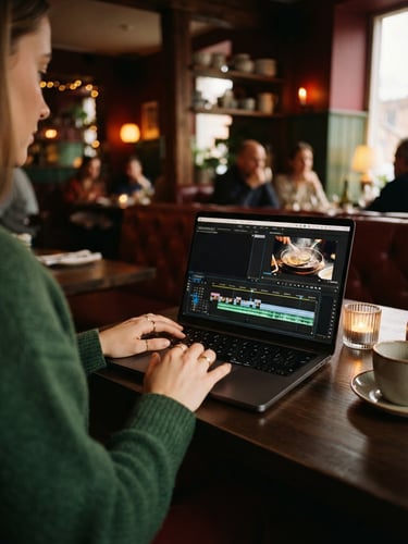 Hands editing a short-form culinary video on a laptop inside a cozy, dimly lit Scandinavian-style restaurant, warm candle glow, rich crimson tones, shallow depth of field, 35mm