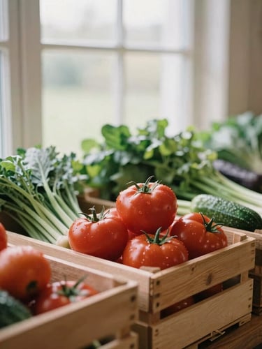 Cozy Scandinavian-style farm stand interior with wooden crates of fresh produce, soft natural daylight filtering through a window, shallow depth of field