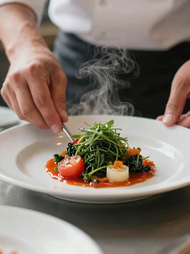 Close-up of chef's hands carefully plating a vibrant dish in a warm kitchen, steam rising softly, camera lens visible in the soft-focus foreground, natural daylight, 35mm
