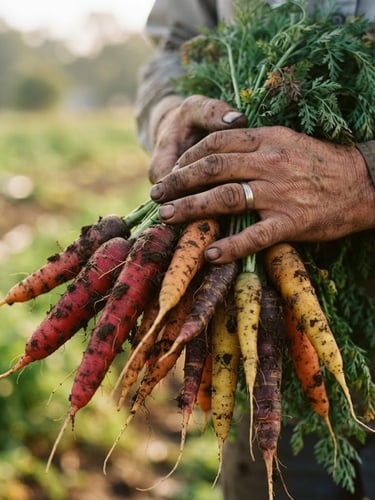 Close-up of a farmer's soil-dusted hands holding freshly harvested heirloom carrots, soft natural morning daylight, rich earthy tones, 35mm photography
