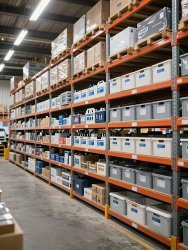 Wide shot of organized warehouse shelving under bright fluorescent lighting, rows of labeled construction material bins visible in depth, concrete floor and steel racking, no people