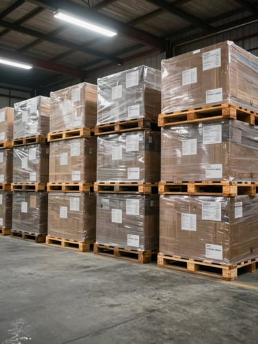 Wide warehouse shot, fluorescent overhead lighting, floor-to-ceiling stacked building material pallets with printed inventory labels visible, organized by category, concrete floor in foreground, industrial scale