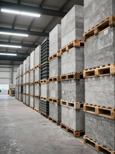 Wide warehouse interior shot from the right side, tall stacked pallets of concrete blocks and structural steel profiles organized in labeled rows under bright fluorescent lighting, generous negative space on the left, industrial scale visible