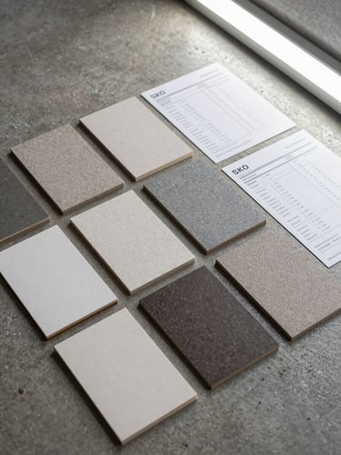 Close-up overhead flat-lay of material sample cards and spec sheets laid out on a concrete warehouse floor, bright fluorescent lighting, printed SKU labels and quantity figures clearly visible