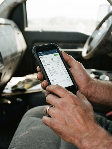 A contractor uses Estimates PRO management software on a smartphone inside a work truck.