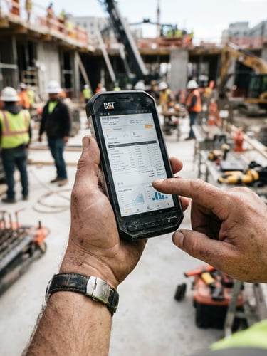 Construction worker using cell phone to view Estimates PRO dashboard CRM