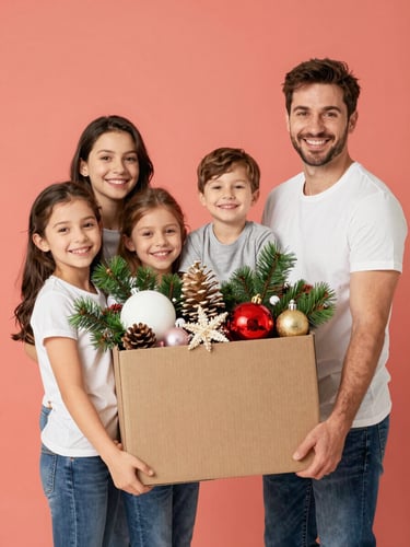 Joyful family carrying a beautifully packed pegue e monte party box, bright studio lighting, vibrant coral background, commercial photography