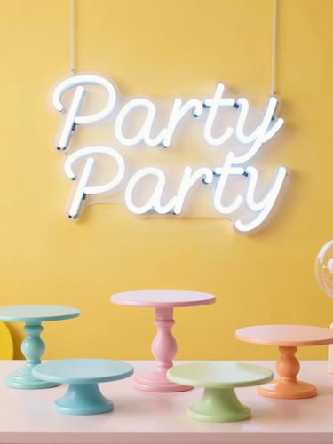 Bright high-key commercial photography of a colorful party display with a neon sign and pastel cake stands, sunshine yellow background, studio lighting