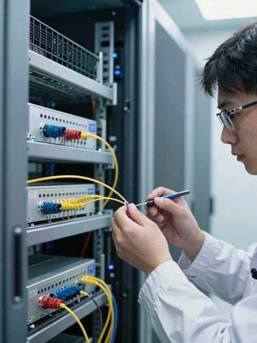 Crisp architectural photography of a technician performing precise fiber optic splicing inside a clean data center cold aisle, cool-toned lighting, sharp focus