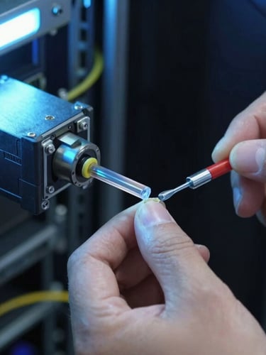 Close-up of a technician with steady hands performing precise fiber optic fusion splicing, cool blue ambient light, sharp focus on the glass core