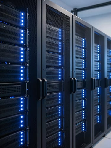 Crisp architectural photography of organized server racks with glowing blue and white LED status lights, high-contrast data center interior, sharp focus