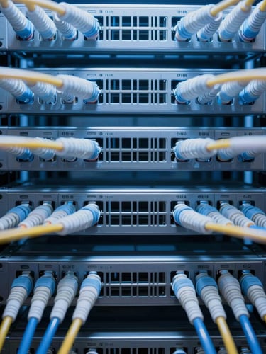 Symmetrical close-up of structured fiber optic cabling in a pristine data center, cool blue and white LED lighting, sharp focus, 35mm