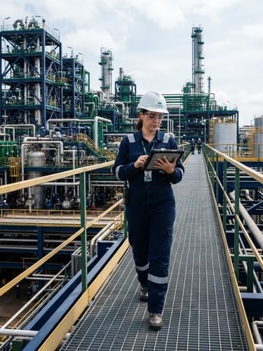 Profissional utilizando EPI em uma planta industrial moderna, com tablet nas mãos, sob luz natural. Amplo enquadramento de uma refinaria ou indústria de engenharia, com tons de azul escuro e verde.