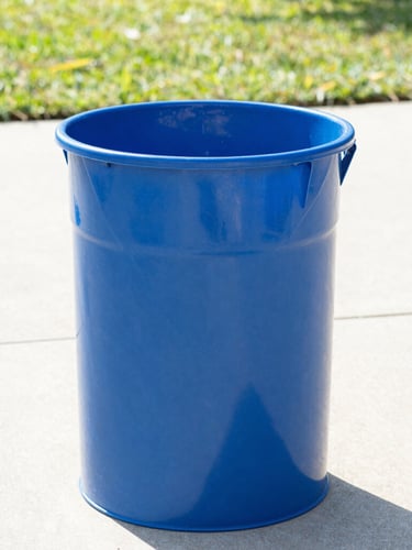 A sparkling clean blue trash can sitting on a sunlit Caldwell driveway, pristine sanitized interior, bright high-key morning light, 35mm