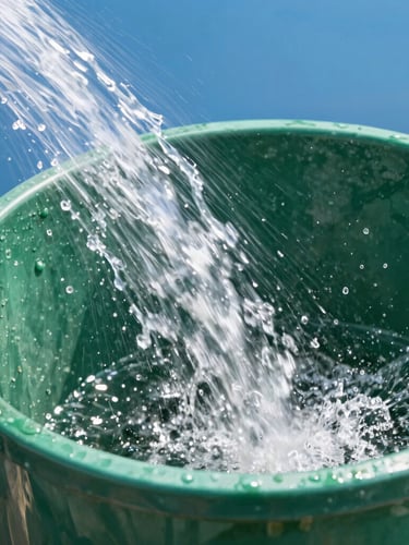 A close-up of a high-pressure hot water stream blasting the inside of a dirty green trash can, water droplets sparkling in the morning daylight, sharp focus