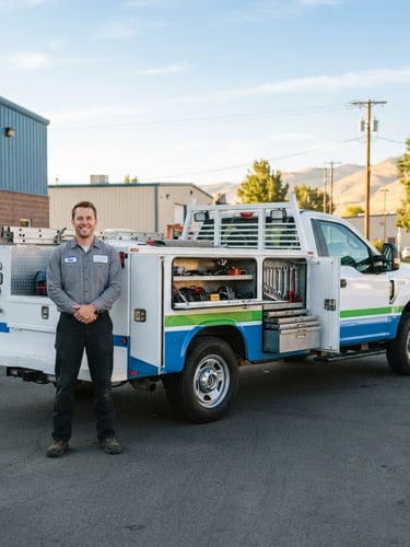 A friendly service technician standing next to a clean, bright JYM service truck in Caldwell, Idaho, bright morning sun, high-key commercial photography, 35mm