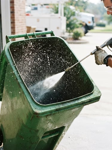 High-pressure water stream blasting the interior of a green trash can, bright morning daylight, water droplets flying, clean professional technician hand visible, 35mm