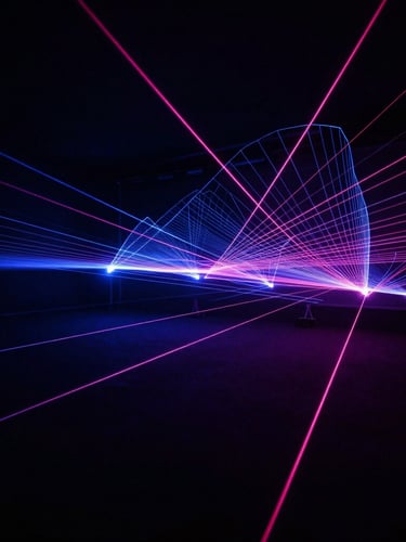 Wide panoramic view of an abstract digital matrix in a dark room, glowing indigo and neon rose laser lines tracing geometric paths, low-key dramatic studio lighting, negative space on the left.