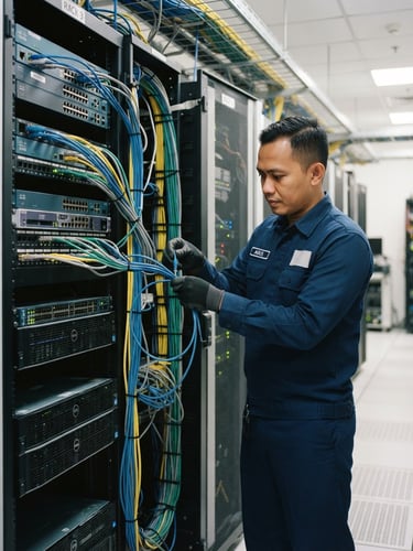 A professional Indonesian technician in a clean dark blue uniform neatly arranging ethernet cables in a server rack, bright indoor lighting, sharp focus, 35mm photography.