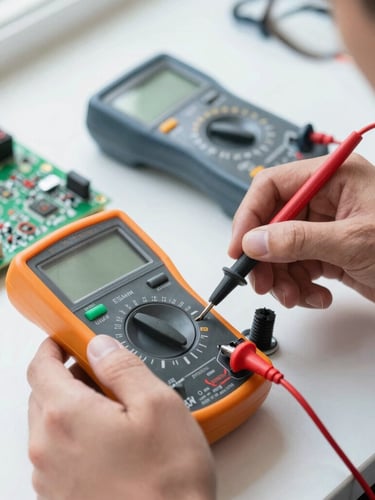 Close-up of a technician's hands using a digital multimeter to test a green electronic circuit board, bright natural daylight, clean tool arrangement in background, sharp focus, 35mm