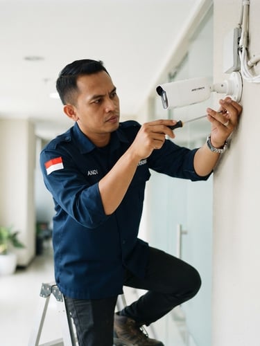 A professional Indonesian technician in a clean uniform neatly mounting a modern white CCTV camera on a wall, bright daylight, sharp focus, 35mm