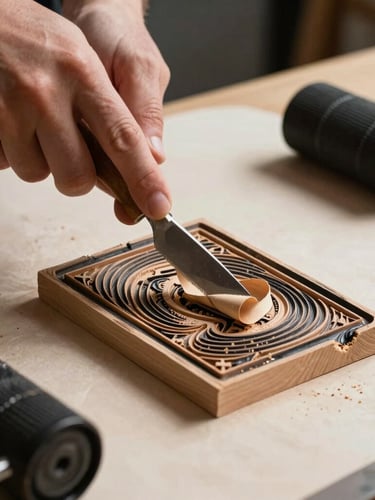 High-contrast portrait shot of hands carving a linoleum block, sharp gouge tool lifting a curl of material, black ink rollers and raw paper texture in the background, directional side-light