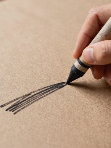 High-contrast studio shot of a hand drawing with a thick black wax crayon on rough brown craft paper, focus on the physical friction and texture