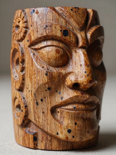 Extreme close-up macro shot of a hand-carved wooden Nahual sculpture, showing deep grain textures, black ink stains, and sharp directional side-lighting on a raw canvas background.