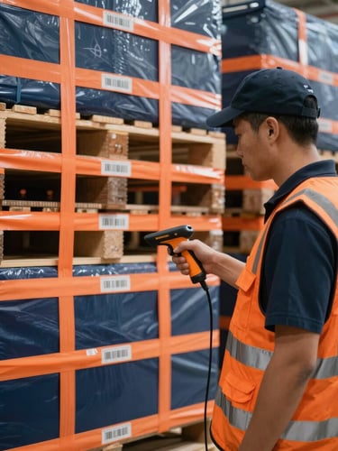 Bright warehouse daylight, neatly stacked pallets with safety orange straps, barcode scanning operation, sharp focus, 35mm