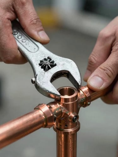 Close-up macro shot of a technician's hands using a heavy wrench to secure a copper pipe joint, bright utility lighting, focus on tools