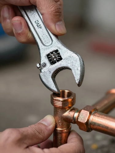 A tight, high-contrast macro shot of a plumber's hands using a heavy steel wrench to tighten a copper pipe joint, bright utility lighting reflecting off metallic surfaces.