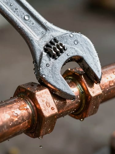 Tight macro shot of a heavy steel wrench tightening a copper pipe joint under bright utility lighting, water droplets visible on metal.