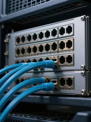 Macro close-up of a high-performance server rack with clean cyan cable management and metallic ports under cool low-key lighting