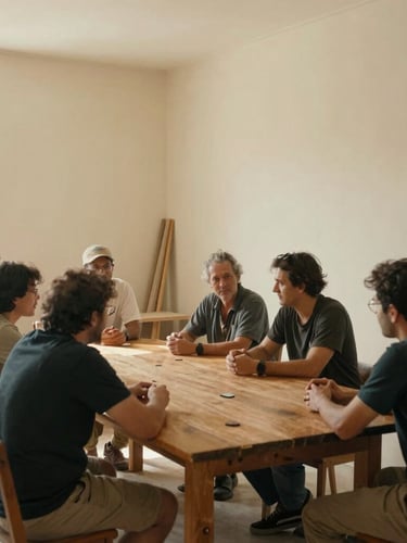 A wide, natural daylight shot of a community workshop in a bright cream-walled room, local leaders collaborating around a wooden table, candid documentary style, warm muted tones.