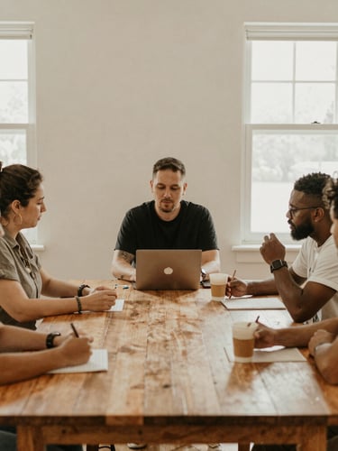 Candid medium shot of community organizers working around a large wooden table in a sunlit room, soft natural overcast light, warm muted earth tones, 35mm lens.