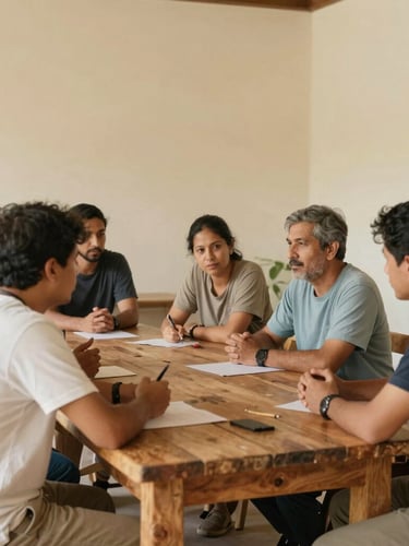 A natural light documentary photograph of a community workshop, local leaders collaborating around a rustic wooden table in a warm, cream-walled room, candid environmental framing.
