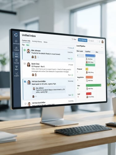 High-fidelity UI mockup of Rad CRM's unified inbox dashboard, showing SMS, email, and voicemail transcriptions in a single view, with lead management pipeline elements, bright natural daylight, clean white and deep slate blue tones, sharp focus, 35mm