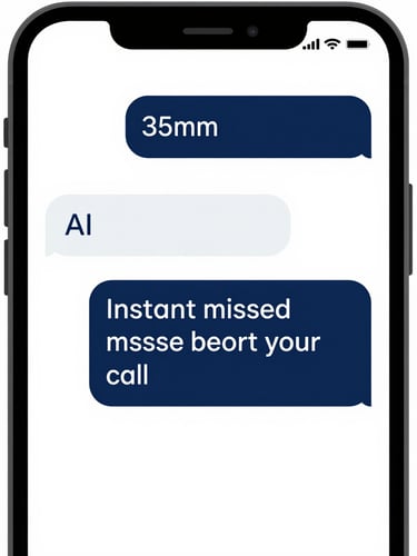 Close-up of a smartphone screen showing an instant AI text message response to a missed call, clean UI, bright studio light, focused on the message bubble.