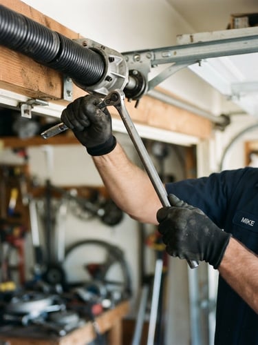 Technician in a clean uniform working on a garage door torsion spring, close-up on hands and specialized tools, bright natural daylight, crisp mechanical details, high-contrast industrial tones, 35mm lens