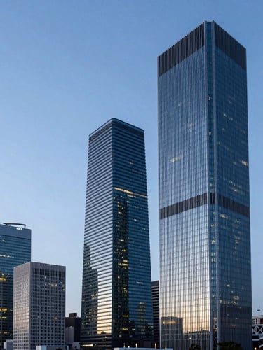 Wide panoramic view of modern Madrid financial skyscrapers at dusk, cool blue lighting, sharp architectural lines, negative space on the left.