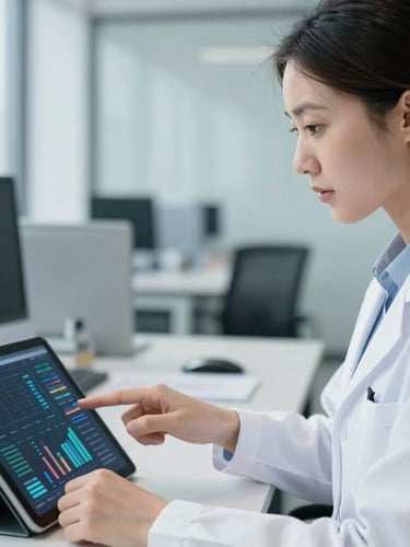 Portrait shot of a focused female researcher's hands pointing at a complex data chart on a tablet, with a blurred modern office background. Cool blue and slate tones, bright natural daylight, sharp focus, editorial style, 35mm.