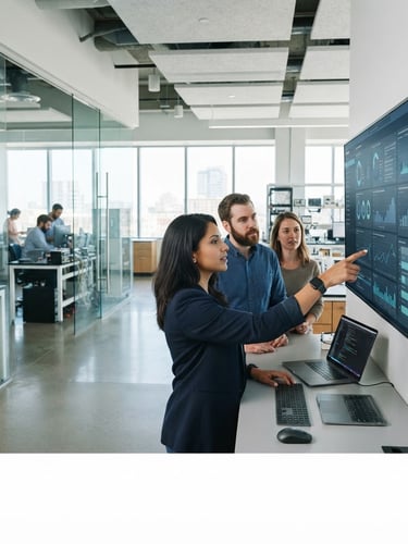 Wide shot of a modern, bright corporate research lab with clean architectural lines, a focused data scientist's hands pointing at a complex data dashboard on a large screen, cool blue and slate tones, natural daylight, editorial style.